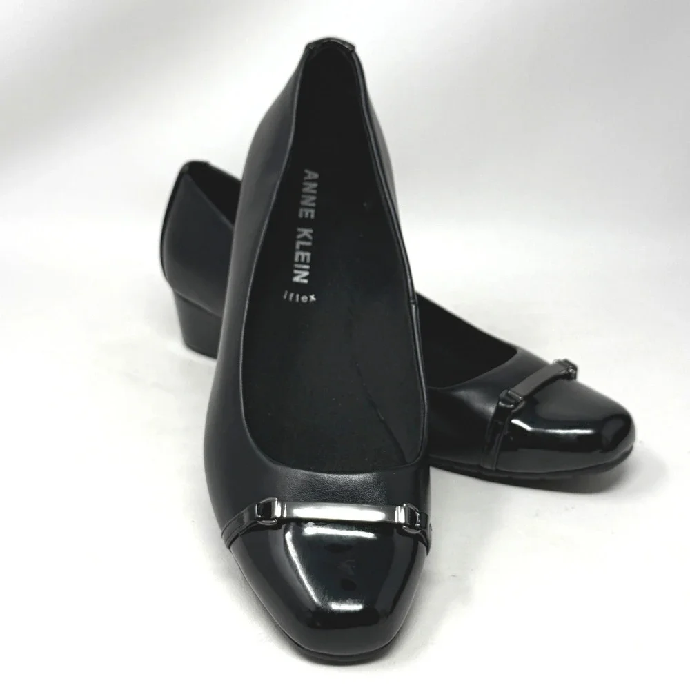 Anne Klein Marion Black Wedge Pumps Patent Shoe Women 9.5M Preppy Office Minimal